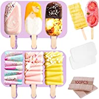 Los mejores  - Olywee Moldes de silicona caseros con tapa- sin BPA- 3 cavidades de silicona para barra de helado con 100 varillas de…